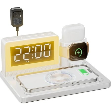 TJOUL Wireless Charging Station with Alarm Clock, 6-in-1 Bedside 7-Color Night Light, for Magsafe iPhone, Apple Watch, AirPods, Magnetic Cell Phone Charger Stand (White)