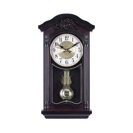 Traditional Chiming Pendulum Wall Clock,with Pendulum Battery Operated Silent Operation hree-dimensional Carving Fireplace Clock for Living Room Kitchen Office Shelf Décor