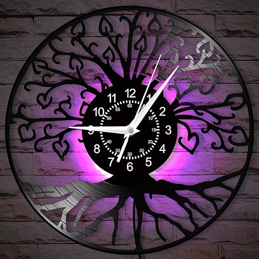 Tree of Life Clock Wall Decor, 7 Colors LED Lighted 12 Inch Night Light Wall Lamp Clock, Silent Quartz Non Ticking Modern Decorative Vinyl Record Wall Clock Watch for Living Room Bedroom