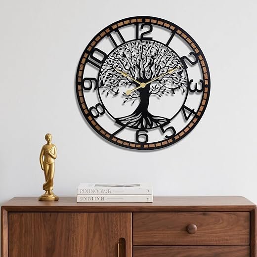 Tree of Life Wall Clock, 24Inch Metal Black Family Tree Oversized Wood Wall Clocks for Living Room Bedroom Home Decor, Modern Silent Mid-Century Battery Operated