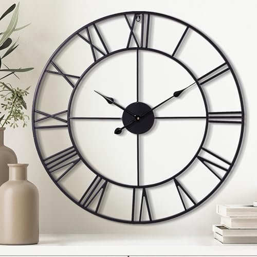 TSUENTIME 30 Inch Wall Clock Decorative, Oversized Large Black Metal Roman Numeral Silent Wall Clocks for Modern Farmhouse Living Room Decor