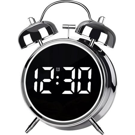 Twin Bell Alarm Clock, LED Display Digital Clock with Night Light, USB Rechargeable/Battery Operated Loud Bell Metal Alarm Clock for Office Bedroom (Silver)