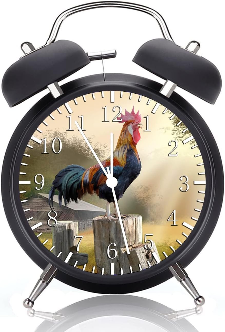 Twin Bell Rooster Farm Alarm Desk Clock with Night Light Quite Silent Non-Ticking 4 Inches Metak and Glass Face Great for Decor or Gifts G30