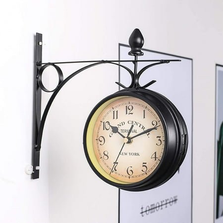 Two-Sided Station Clock Double-Sided Wall Clock Retro Grandfather Clock Paddington Station Wall Clock Vintage Antique-Look Bracket Hanging Decorative Clock For Garden Indoors, Clock 12.12 * 7.5 Cm