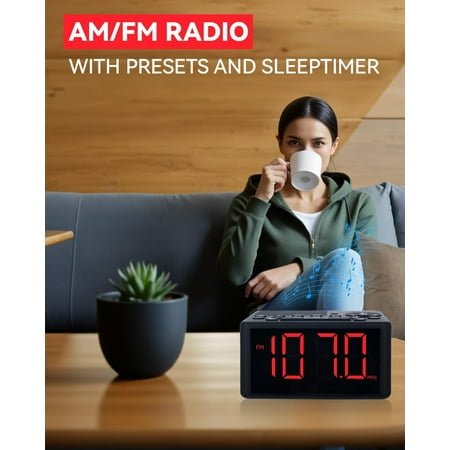 UGUCYUI-Digital Alarm Clock Radio with AM/FM Radio, Presets, Dual Alarms, Weekday / Weekend Alarm, Snooze, Sleep Timer, Dimmable Red LED Screen for Bedrooms, living rooms, kitchens, offices, etc (Red