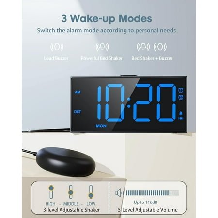UGUCYUI-Loud Alarm Clock for Heavy Sleepers Adults,Bed Shaker Alarm Clock with 2 Alarms for Everyday/Weekday/Weekend,Dimmer,Snooze,USB Charging Port,12/24H DST,Vibrating Clock for Hard of Hearing/Tee