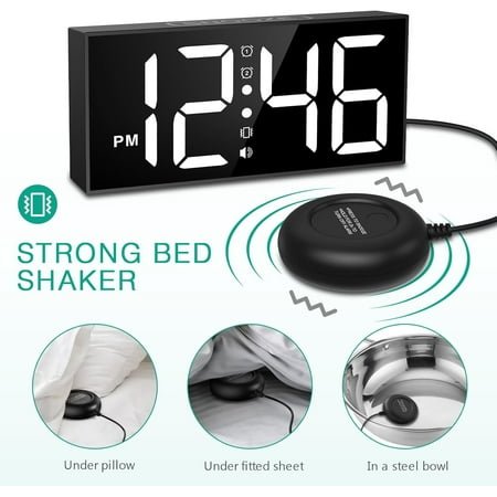 UGUCYUI-Vibrating Alarm Clock, Loud Alarm Clock with Bed Shaker for Heavy Sleepers, 7.5'' Large Display LED Clock with Dual Alarms, Snooze, Adjustable Dimmer Volume, for Adults Elderly Hearing Impair