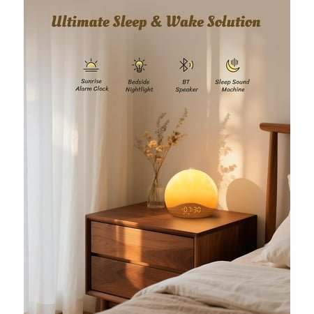 UGUCYUI-Wood Grain Sunrise Alarm Clock, White Noise Sound Machine, Music-Sync Lights, Upgraded Backlit Buttons for Bedrooms, 26 Soothing Sounds, 17 Night Lights, Wake Up Light for Heavy Sleepers