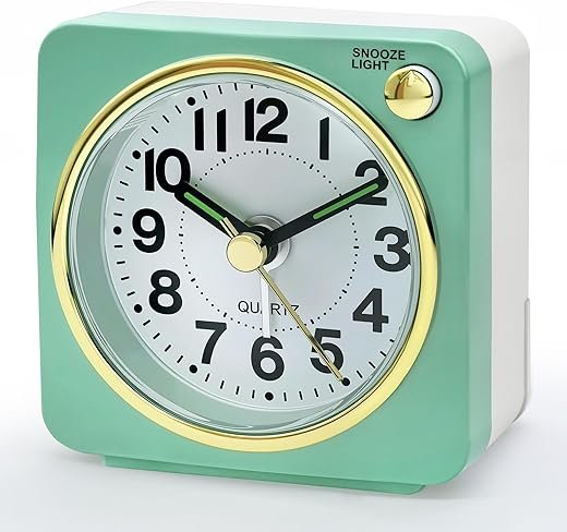 Ultra Small Battery Analog Travel Alarm Clock, Retro Clocks for Bedrooms Bedside, Clock for Kids Seniors, Slient with No Ticking, Backlight On Demand, Snooze, Ascending Alarm,Mint