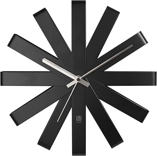 Umbra Ribbon Modern 12-inch Wall Clock, Battery Operated Quartz Movement, Silent Non Ticking Wall Clocks, Black