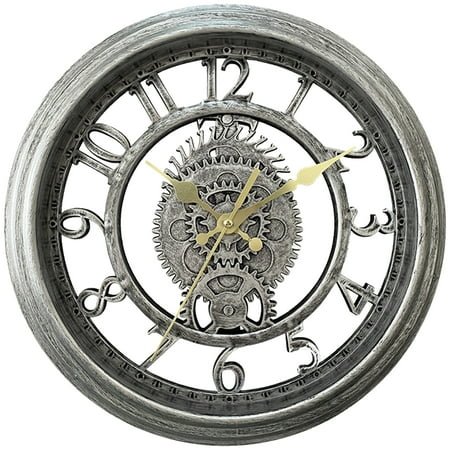 Unique Bargains Rustic Farmhouse Gear Clock with Moving Gears Wall Clock Silver