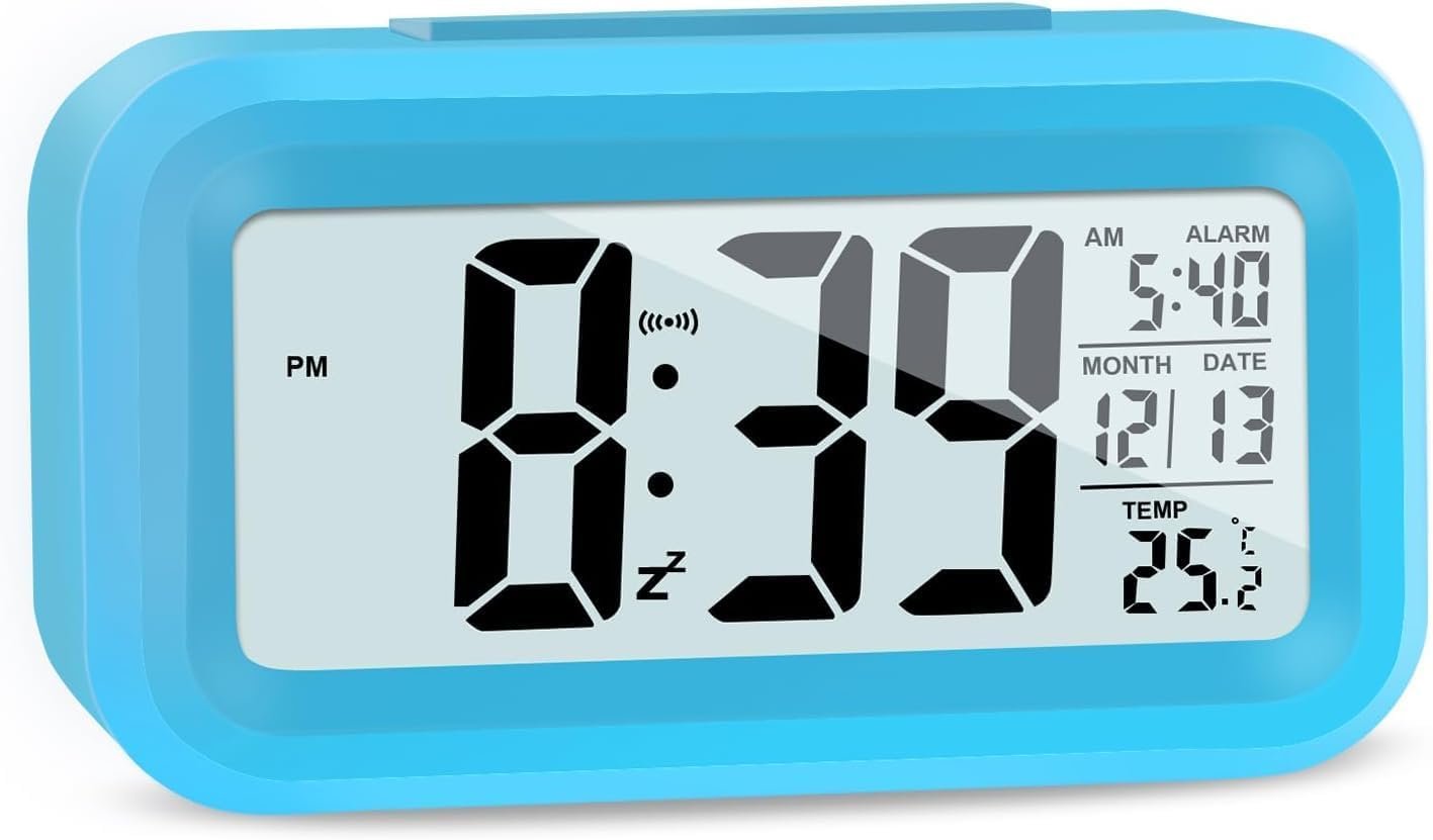 Upgraded Digital Alarm Clock, 4.3 LED Display with Temperature Larger Lound Light Control Portable Snooze Calendar Brightness for Everyone (Blue)