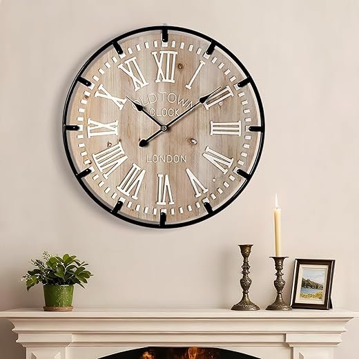 Vantic Farmhouse 24 Inch Extra Large Decorative Wall Clock with Metal Circle, Oversized Wood Wall Clock with Large Roman Numeral for Living Room, Bedrooms and Offices, Silent and Battery Operated