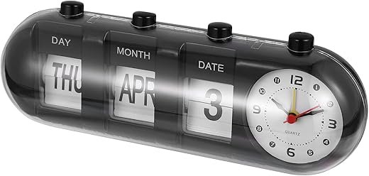 Veemoon Black Desk Silent Alarm Clock, ABS Manual Flip Standing Academic Desktop Calendar, with Clear Time Date Display for Bedroom Room, Adjustable Date Vintage Decor