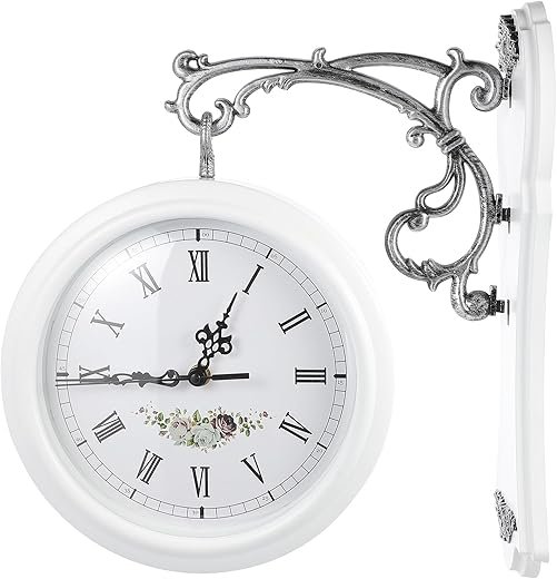 VICASKY Wrought Iron Antique-Look Brown Round Wall Hanging Double Sided Clock Round Chandelier Wall Hanging Clock with Scroll Wall Clock Double Sided Vintage Wrought Iron Wall Clock