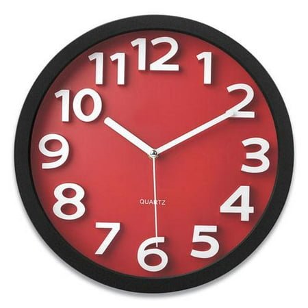 Victory Light Wall Clock with Raised Numerals and Silent Sweep Dial, 13 Overall Diameter, Black Case, Red Face, 1 AA (sold separately)