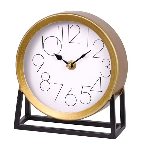 VinSees Modern Golden Table Clock on Stand, Decorative Desk and Shelf Clock, Mantel Clock Farmhouse Clock Non-Ticking, Home Décor for Living Room, Bedroom, Bedside, Desk, Gift Clock (Gold)