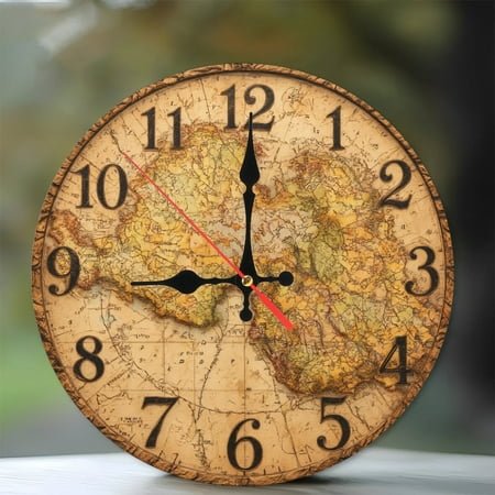 Vintage Antique World Map Wall Clock Home Decor 10-Inch Silent Wooden Wall Clock, Battery Operated (AA Batteries Not Included), Artistic Home Decor
