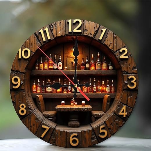 Vintage Bar Clock with Whiskey Bottles Display10-Inch Wooden Wall Clock, Silent Movement, Battery Operated (AA Batteries Not Included), Artistic Home Decor