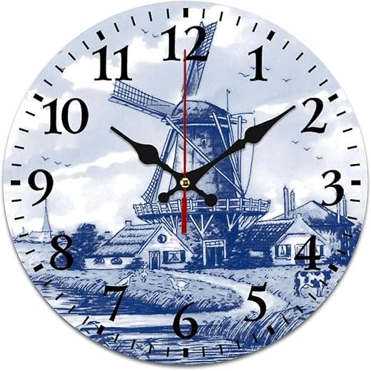 Vintage Blue Nederland Dutch Windmill Delft Silent Wall Clock, Vintage Rustic Decoration Round Wall Clock for Bedroom, Bathroom, Living Room, Home Office(34cm/13.39in)