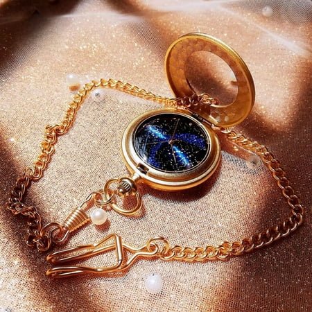 Vintage Blue Pocket Watch Star Map Design Quartz Timepiece with Crystal Accents Celestial Flip Cover Necklace Watch