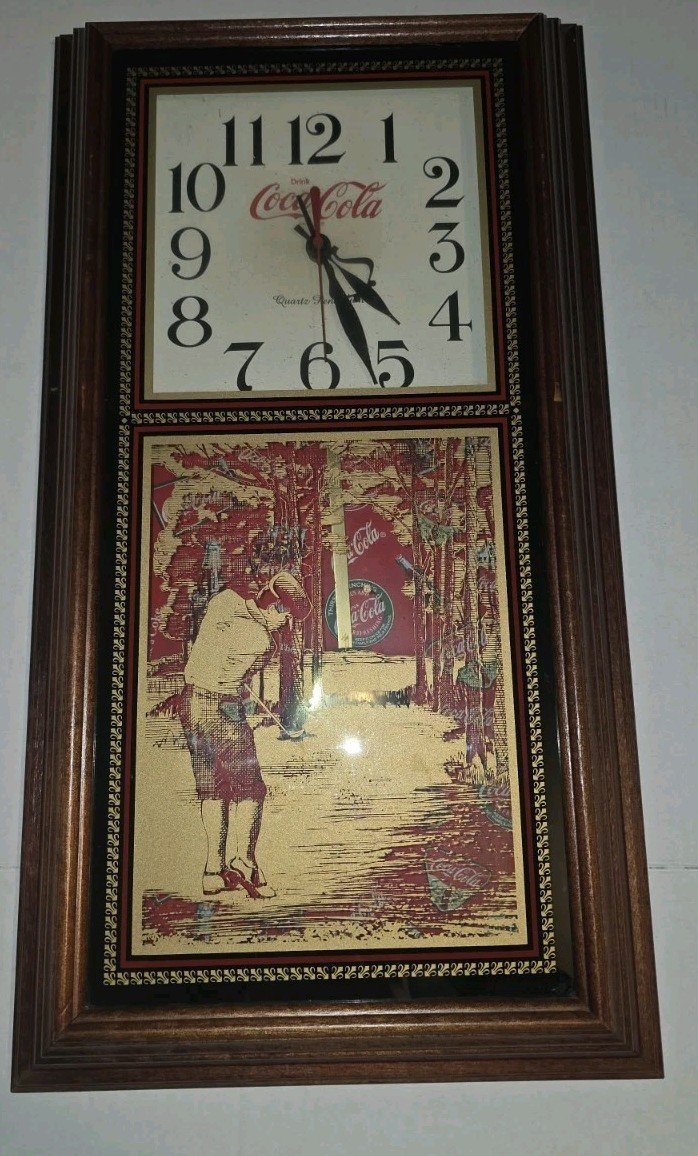 Vintage Coca-Cola Wood Wall Clock Pendulum Golf Scene Advertising Decor