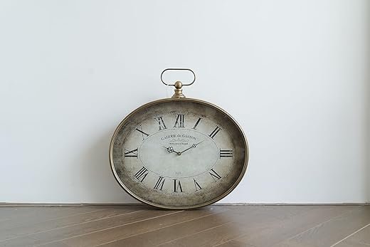 Vintage Decorative Wall Clock, Retro Gold Finish, Oval Pocket Watch Design, Large Wall Clock for Living Room, Bedroom, Office, Kitchen & Home Decor Use | Roman Numeral (Gold, 16'')