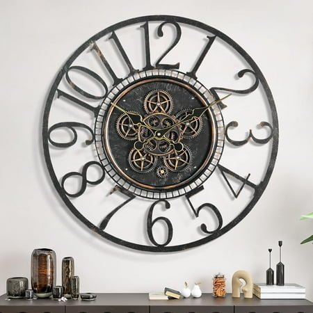 Vintage Industrial Steampunk | Farmhouse(Bronze Copper | Arabic Number | Metal Wall Clock Decorative for Home Office | Large Moving Gear Wall Clock for Living Room Decor | 24 INCH) | Dinning Room