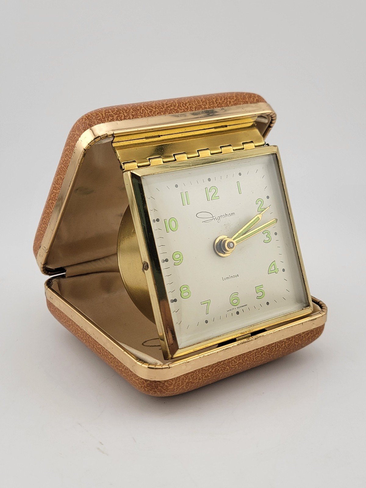 Vintage Ingraham Luminous Flip Open Travel Alarm Clock 3"X3" Brown Gold. Working