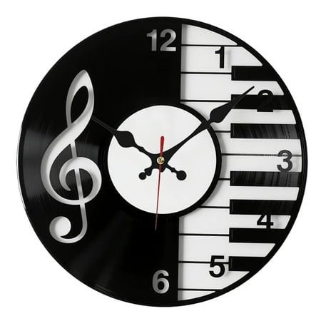 Vintage Music Note & Piano Key Wall Clock - Silent Non-Ticking Japanese Quartz Movement, Wooden Frame with Black Vinyl Record Design Rock and Roll Home Decor Gift for Musicians, Music Decor,