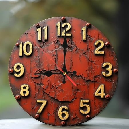 Vintage Red Crackle Wall Clock Rustic Home Decor 10-Inch Silent Wooden Wall Clock, Battery Operated (AA Batteries Not Included), Artistic Home Decor