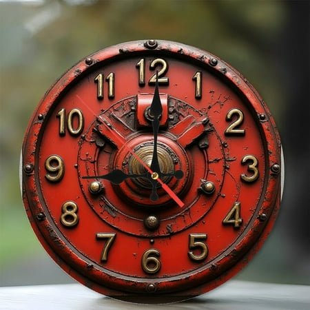 Vintage Red Metal Wall Clock Industrial Style Home Decor 10-Inch Silent Wooden Wall Clock, Battery Operated (AA Batteries Not Included), Artistic Home Decor
