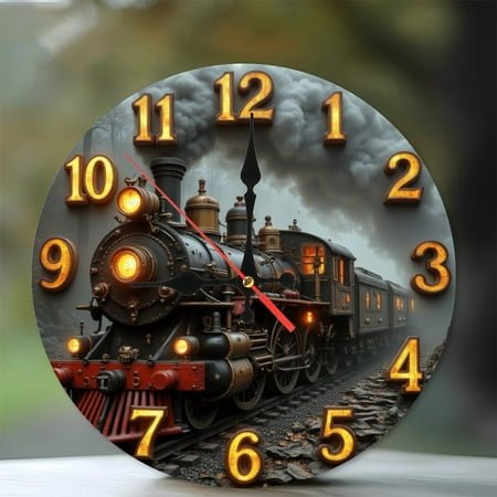 Vintage Steam Train Clock 10-Inch Silent Wooden Wall Clock, Battery Operated (AA Batteries Not Included), Artistic Home Decor
