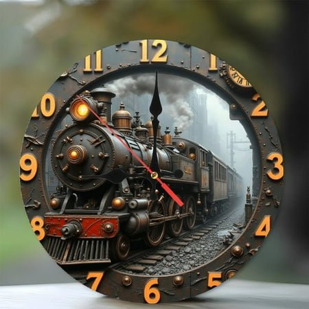 Vintage Steam Train Wall Art Home Decor 10-Inch Silent Wooden Wall Clock, Battery Operated (AA Batteries Not Included), Artistic Home Decor