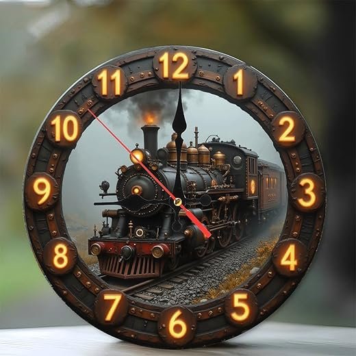 Vintage Steam Train Wall Clock Unique Design Home Decor10-Inch Wooden Wall Clock, Silent Movement, Artistic Home Decor