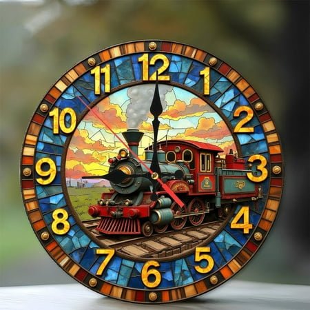 Vintage Train Themed Wall Clock Home Decor 10-Inch Silent Wooden Wall Clock, Battery Operated (AA Batteries Not Included), Artistic Home Decor