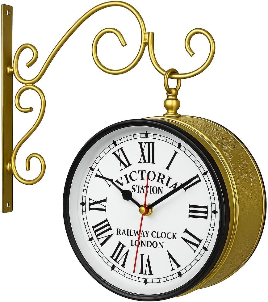 Vintage Victoria Station Double-Sided Railway Wall Clock – Antique Gold Finish, Roman Numerals, Silent Quartz Movement, Retro Hanging Clock with Decorative Iron Bracket