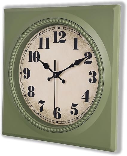 Vintage Wall Clock 1950s Style - Retro 50's Mid Century Square Wall Clocks Battery Operated for Kitchen Living Room Home Decor - 12 Inch, Olive Green