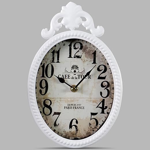 Vintage White Oval Wall Clock, Shabby Chic Decorative Clock for Living Room, Kitchen, Café, Bedroom – Silent Quartz Movement, Farmhouse Rustic Style
