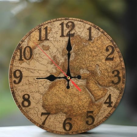 Vintage World Map Wall Clock Antique Style Home Decor 10-Inch Silent Wooden Wall Clock, Battery Operated (AA Batteries Not Included), Artistic Home Decor