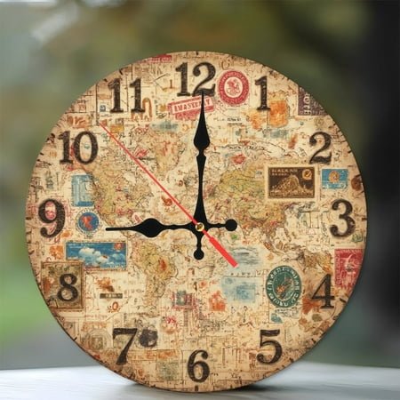 Vintage World Map Wall Clock Retro Travel Decor Home Office 10-Inch Silent Wooden Wall Clock, Battery Operated (AA Batteries Not Included), Artistic Home Decor