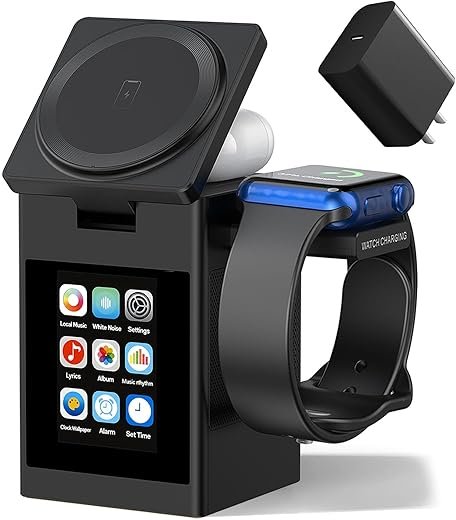 Vivilumens 7-in-1 Wireless Charging Station with Bluetooth Speaker Alarm Clock, LCD Touch Screen, Multifunctional 3 in 1 Wireless Charger, 18W Fasting Charging, Gifts for Men Teenage Boys