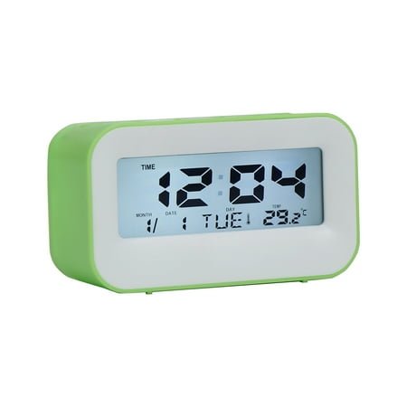 Wadada Small Digital Alarm Clock for Bedrooms Bedside, Alarm Clock for Bedroom with Smart Night Light, Indoor Temperature, Large LED Display, Battery Operated Desk Clock for Kids Birthday(Green)