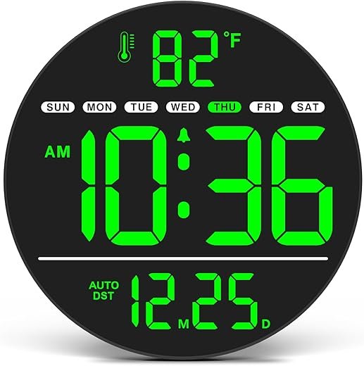 WallarGe Large Digital Wall Clock with LED Display, Electric Wall Clock with Temperature, Auto DST, Date, and Day, 5-Level Brightness for Office, Bedroom, Living Room, Classroom Décor