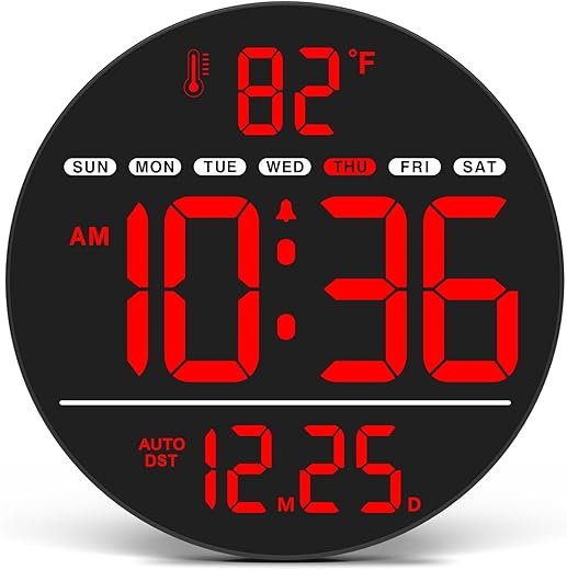 WallarGe Large Digital Wall Clock with LED Display, Electric Wall Clock with Temperature, Auto DST, Date, and Day, 5-Level Brightness for Office, Bedroom, Living Room, Classroom Décor