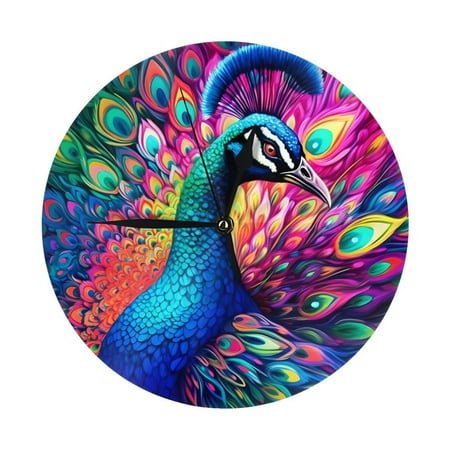 Wall Clock - Rainbow Colorful Peacock 9.8 Inch Silent Non Ticking Modern Round Wall Clocks Battery Operated Classic Clock for Bedroom, Living Room, Office, Home, Kitchen, Bathroom