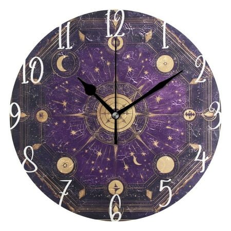 Wall Clock 10 Inch Battery Operated Clocks Living Room Decor, Silent Non-Ticking for Living Room Home Kitchen office Purple Celestial Octagon Pattern