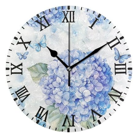 Wall Clock 10 Inch Battery Operated Clocks Living Room Decor, Silent Non-Ticking for Living Room Home Kitchen office Blue Hydrangea Pattern