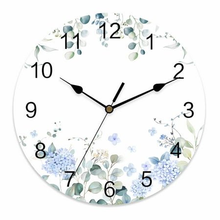 Wall Clock 10 Inch Blue Floral Hydrangeas Round Silent Decorative Wall Clocks Battery Operated for Living Room Bedroom Kitchen Classroom Decor, Rustic Green Leaves White,Small