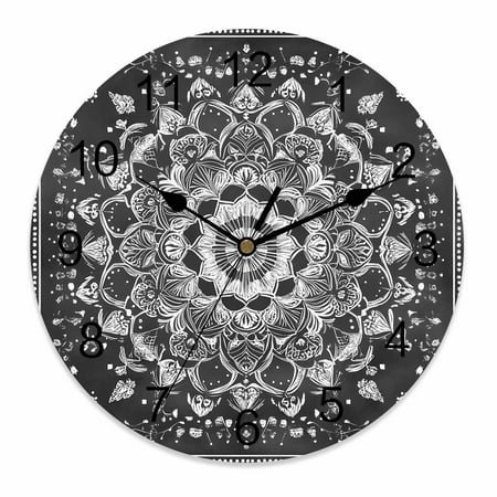 Wall Clock 10 Inch Boho Retro Round Silent Decorative Wall Clocks Battery Operated for Living Room Bedroom Kitchen Classroom Decor, Ethnic Tribal Floral Pattern Onyx Gray White,Small